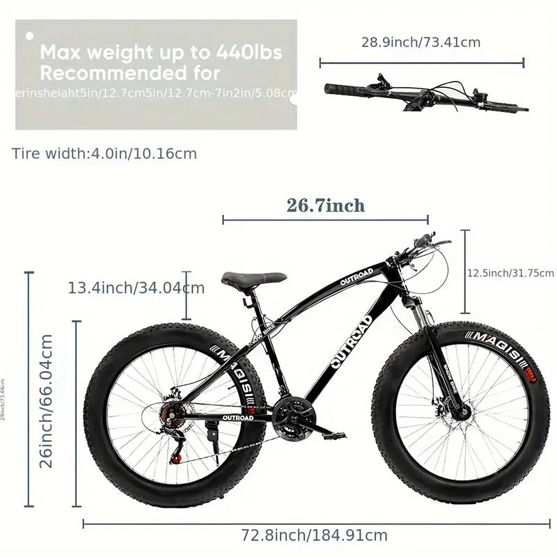 26 Inch Fat Tire Mountain Bike, 21 Speed With Steel Frame, Double Disc Brake And Front Suspension Anti-slip Bikes