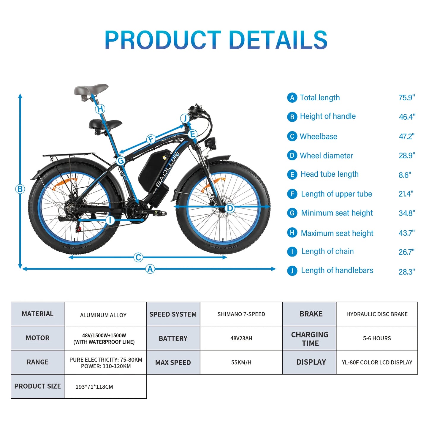 Adult Electric Motorcycles Bicycle Fat Tire Mountain Bike 40 Miles Commuter Electric Motorcycles Ebike 1500W+1500W Motor