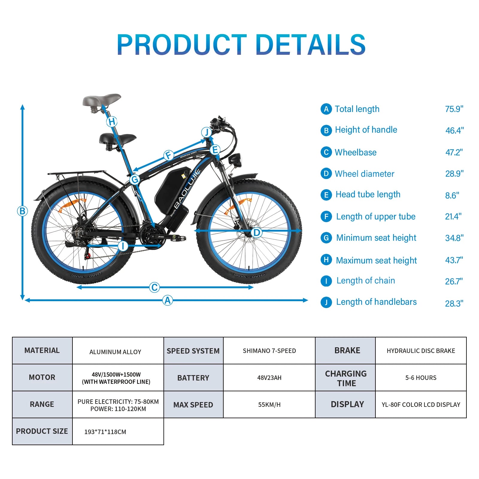 Adult Electric Motorcycles Bicycle Fat Tire Mountain Bike 40 Miles Commuter Electric Motorcycles Ebike 1500W+1500W Motor